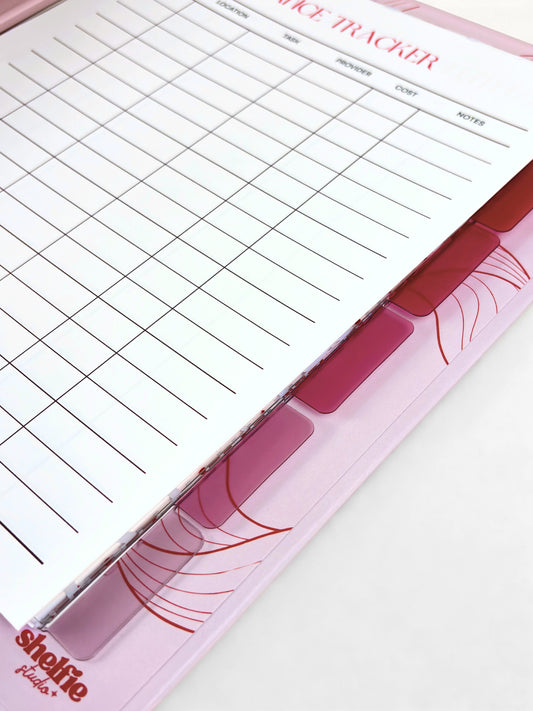Pink and white dice tracker with grid layout on a white background