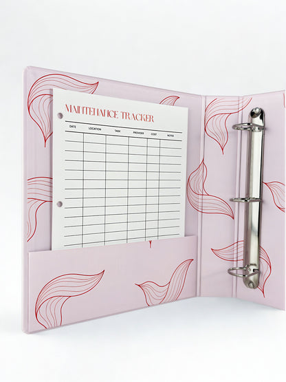 Pink planner with a white page displaying 'Maintenance Tracker' on a white background