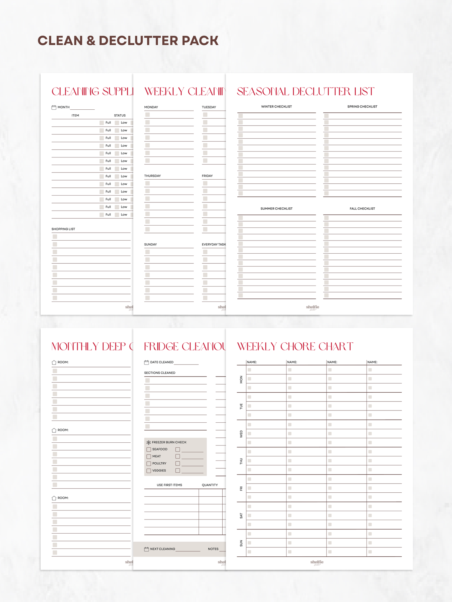 Cleaning and decluttering planner with various lists on a white background