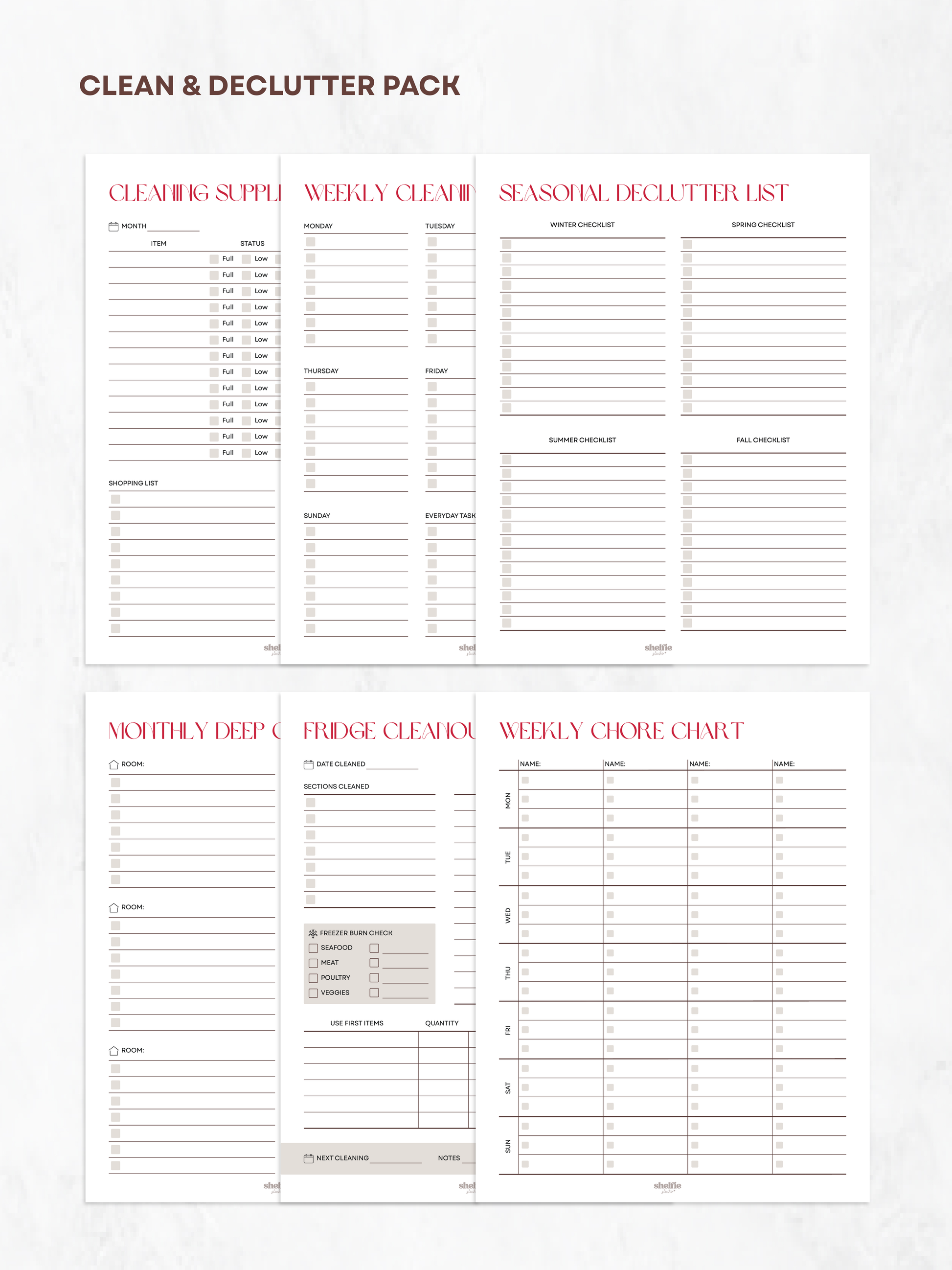 Cleaning and decluttering planner with various lists on a white background