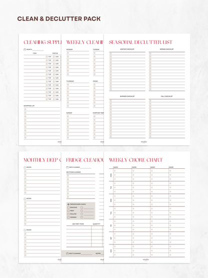 Cleaning and decluttering planner with various lists on a white background