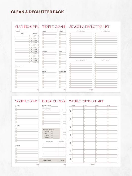 Cleaning and decluttering planner with various lists on a white background