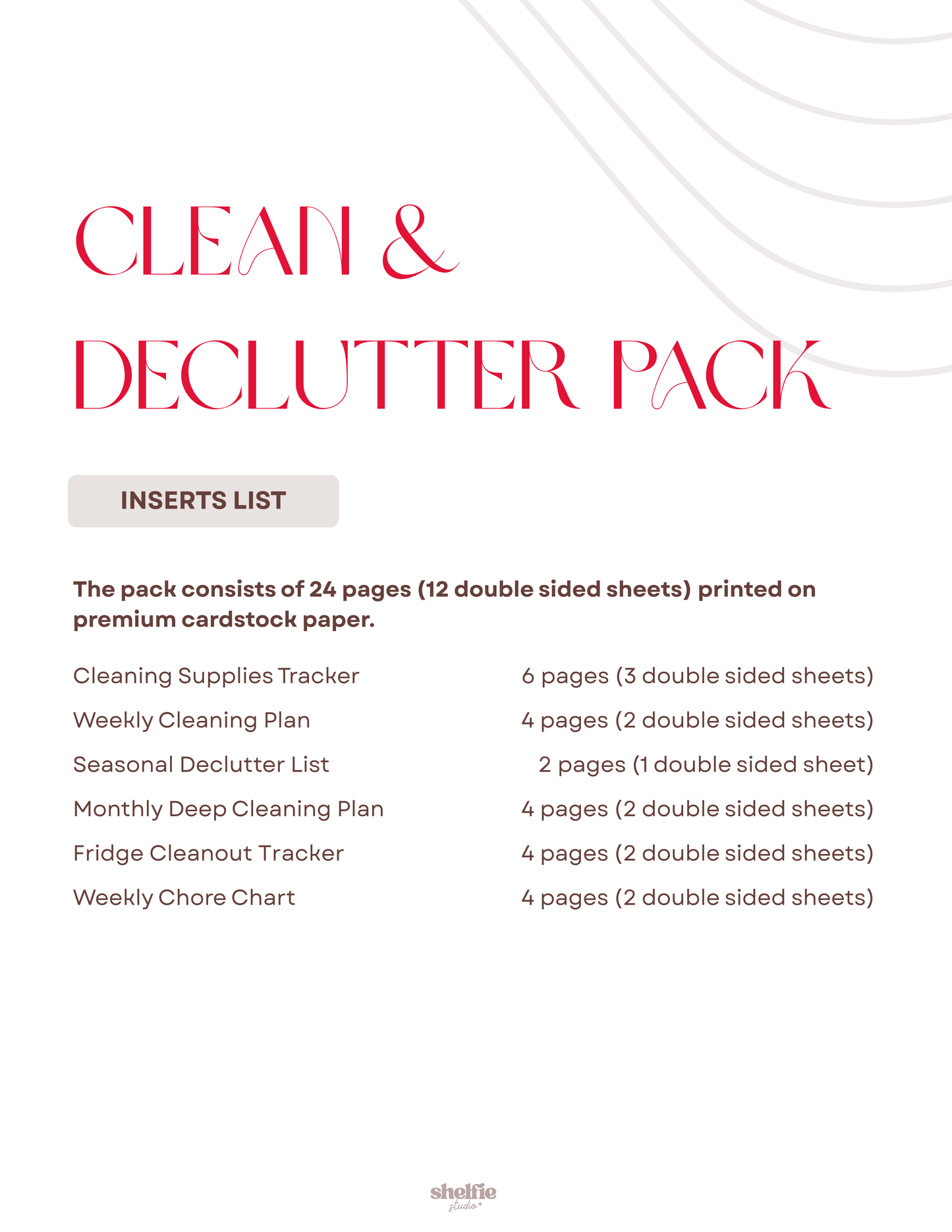 'Clean & Declutter Pack' insert list on a white background.