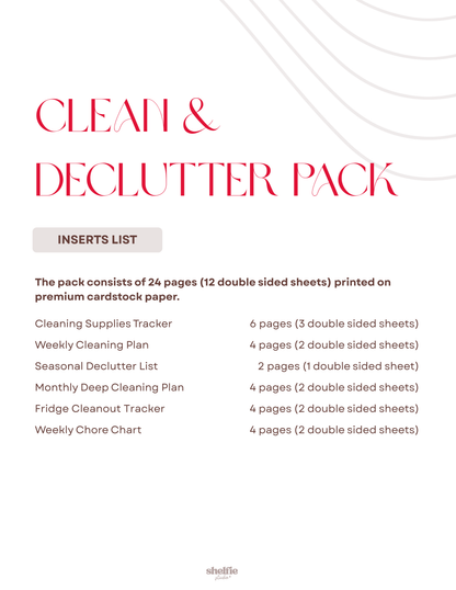 'Clean & Declutter Pack' insert list on a white background.
