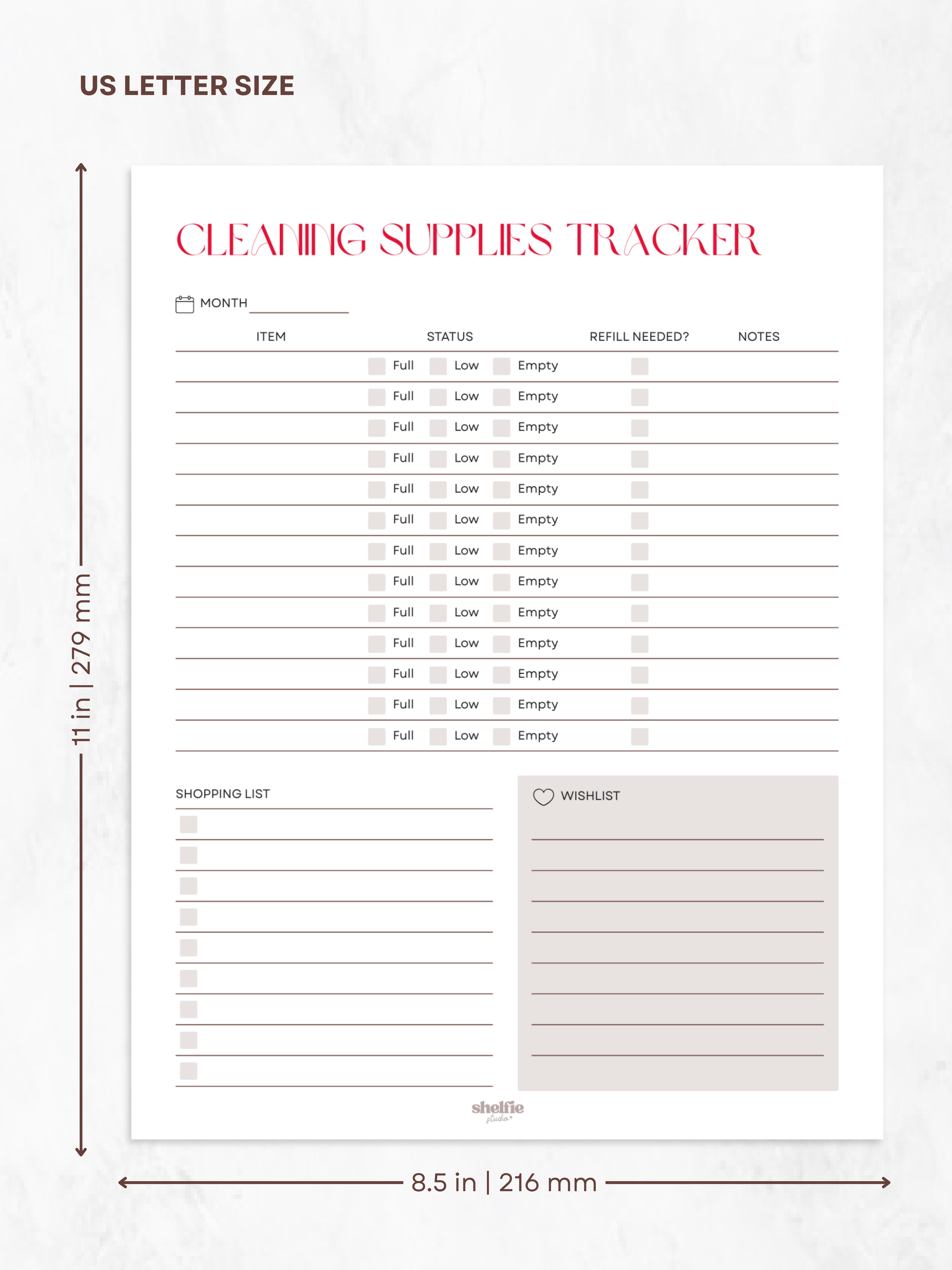 Cleaning supplies tracker sheet with dimensions on a white background