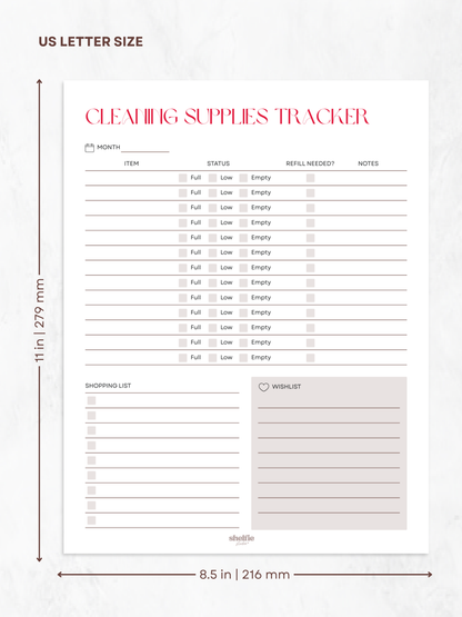 Cleaning supplies tracker sheet with dimensions on a white background