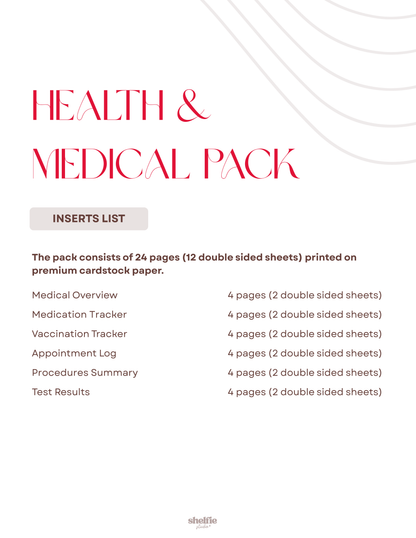 Health and Medical Pack insert list on a white background