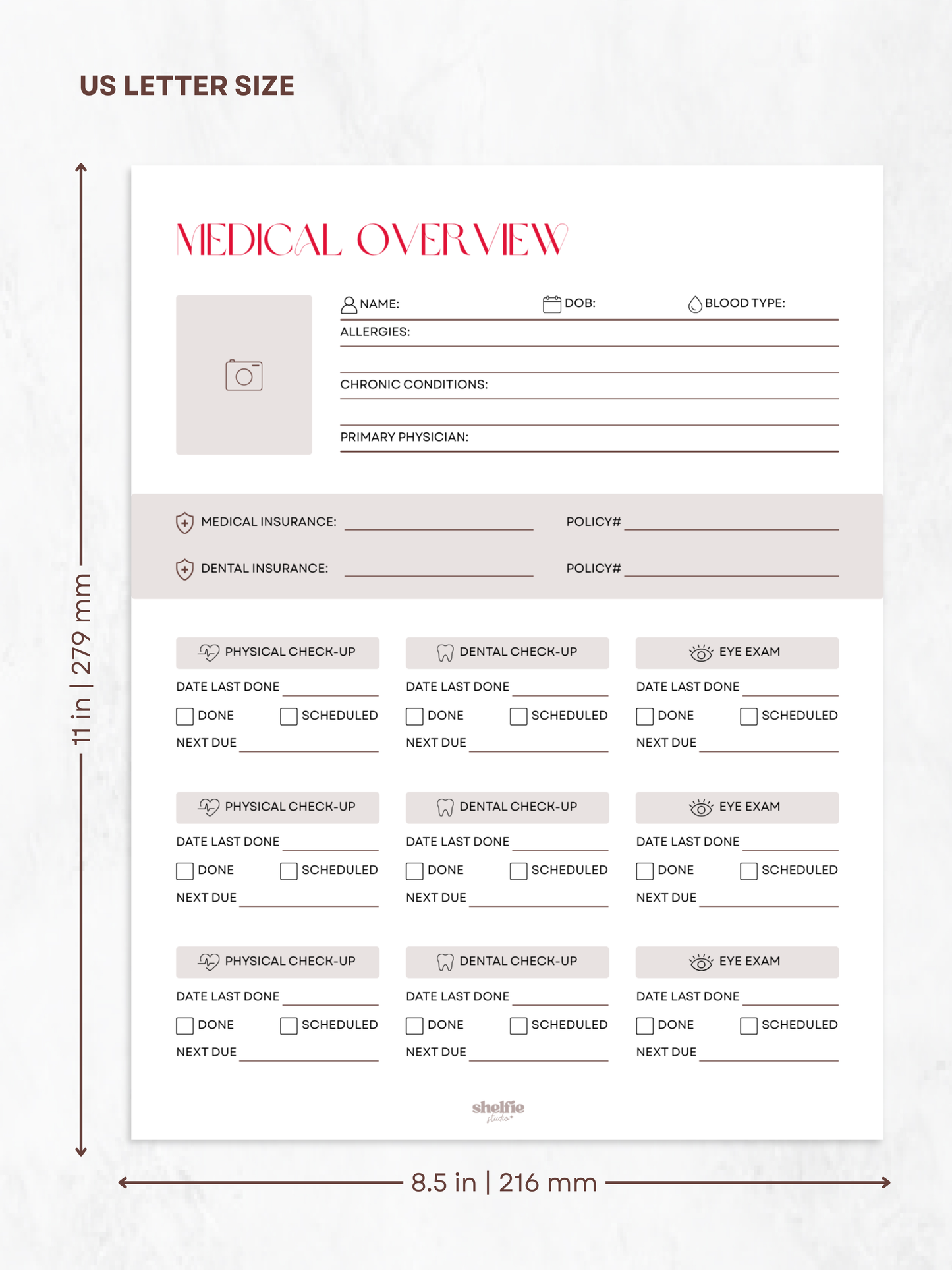 Medical overview form with dimensions labeled on a white background