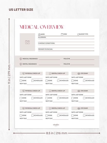 Medical overview form with dimensions labeled on a white background