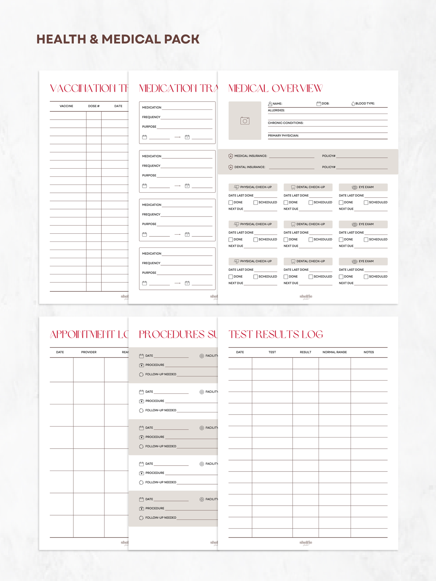 Health and medical pack with various forms on a white background