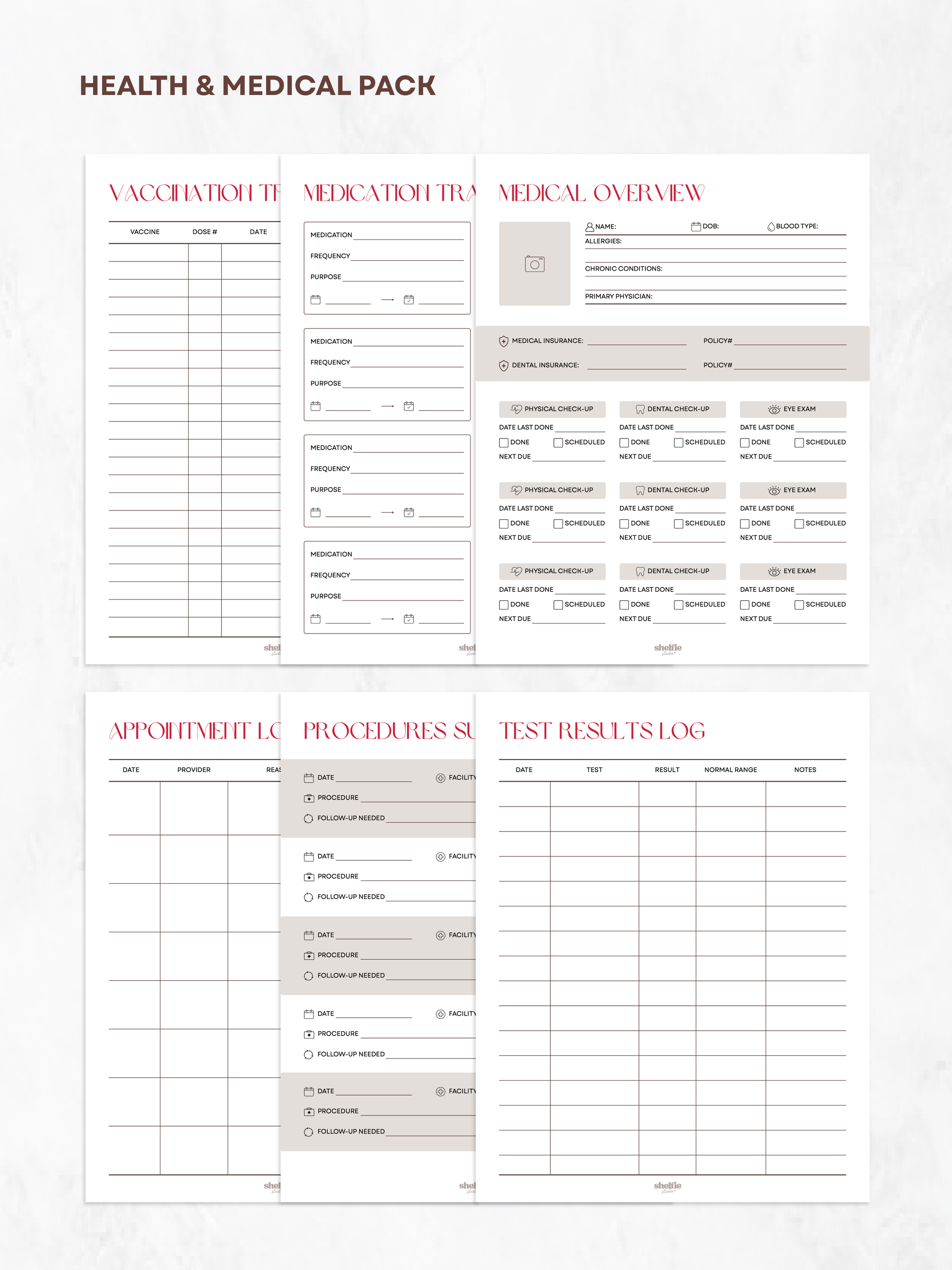 Health and medical pack with various forms on a white background