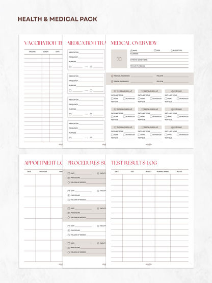 Health and medical pack with various forms on a white background