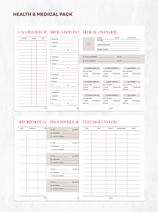 Health and medical pack with various forms on a white background