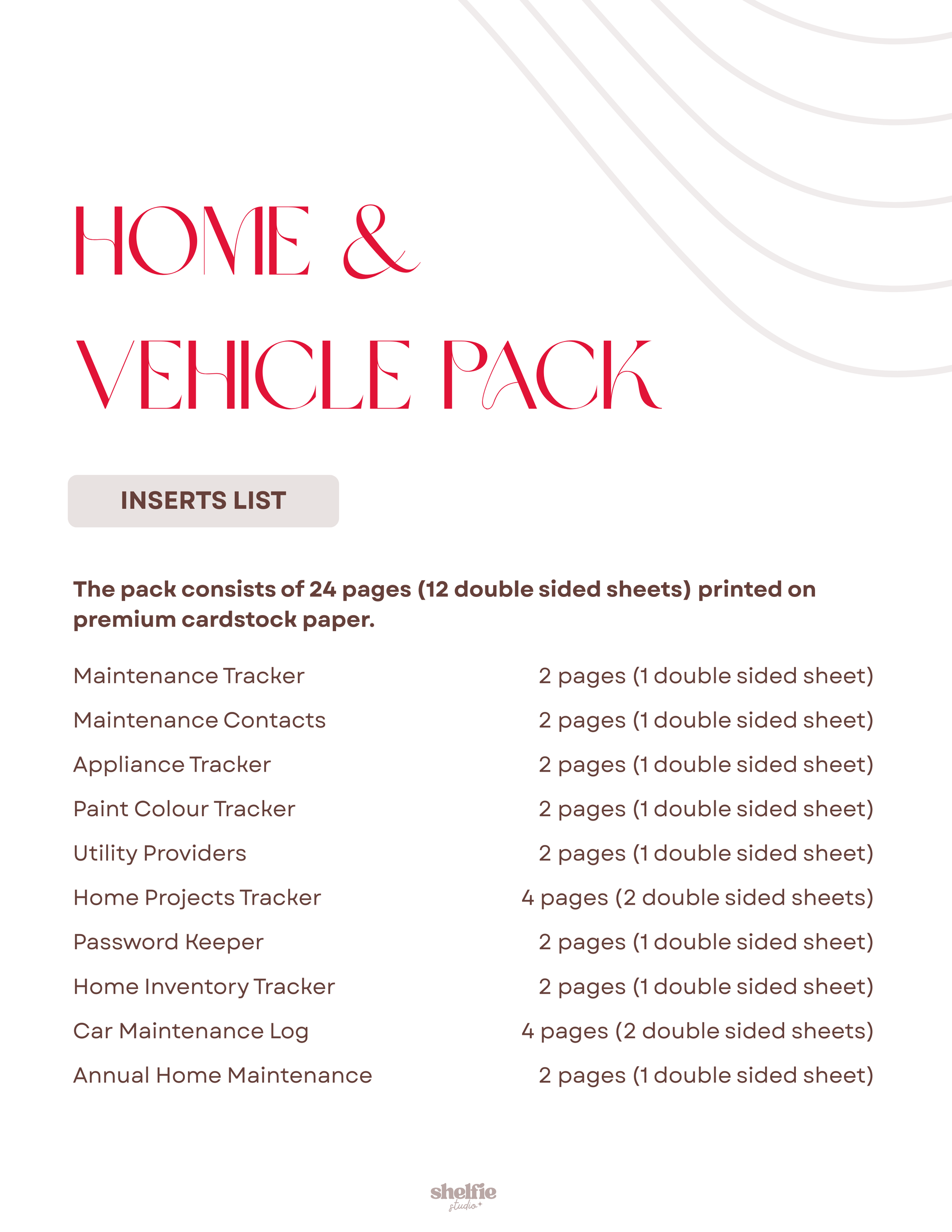 Home and vehicle pack inserts list on a white background