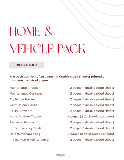 Home and vehicle pack inserts list on a white background