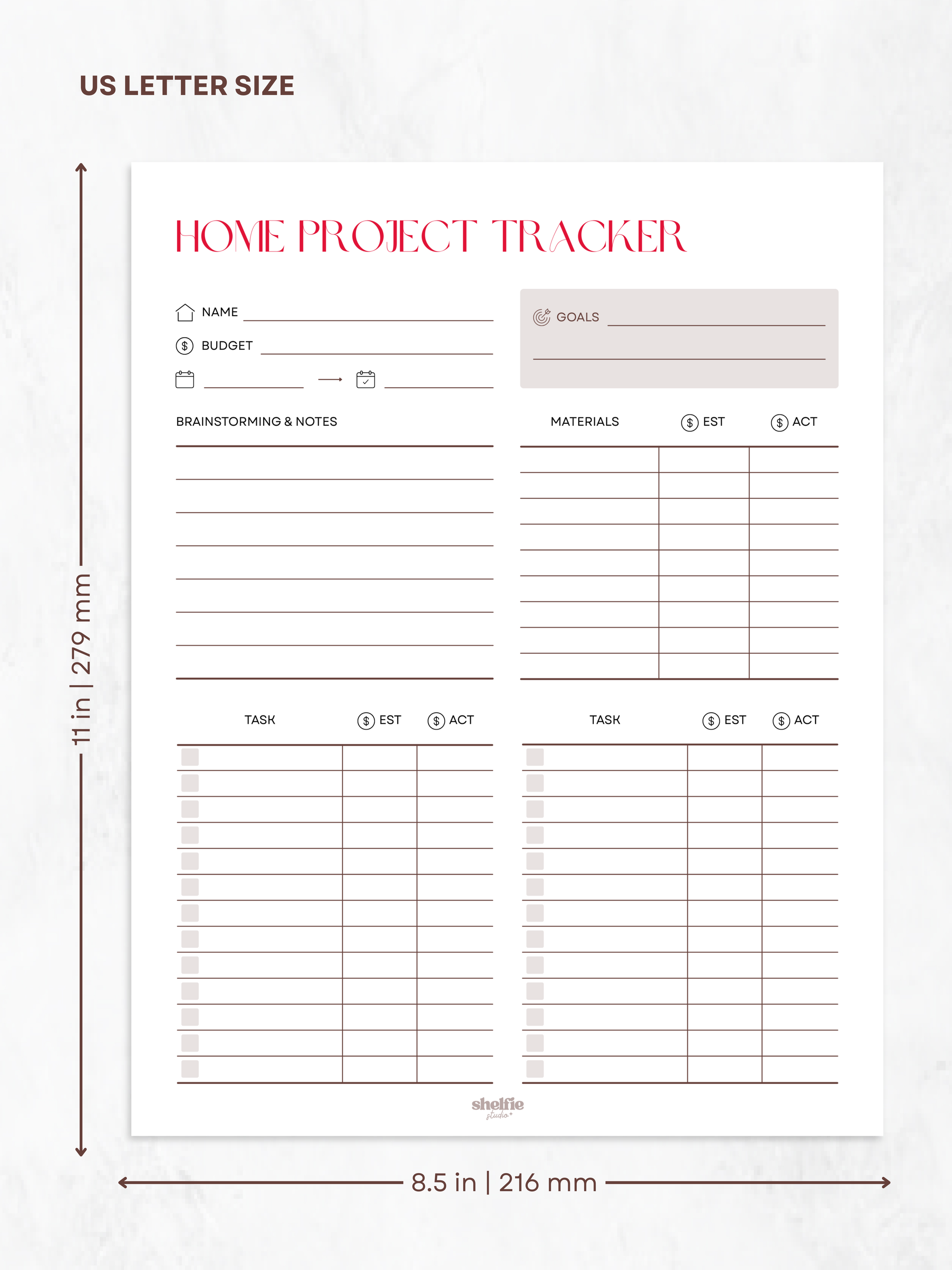 Home project tracker sheet with dimensions on a white background