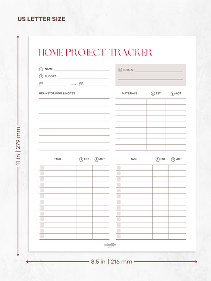 Home project tracker sheet with dimensions on a white background