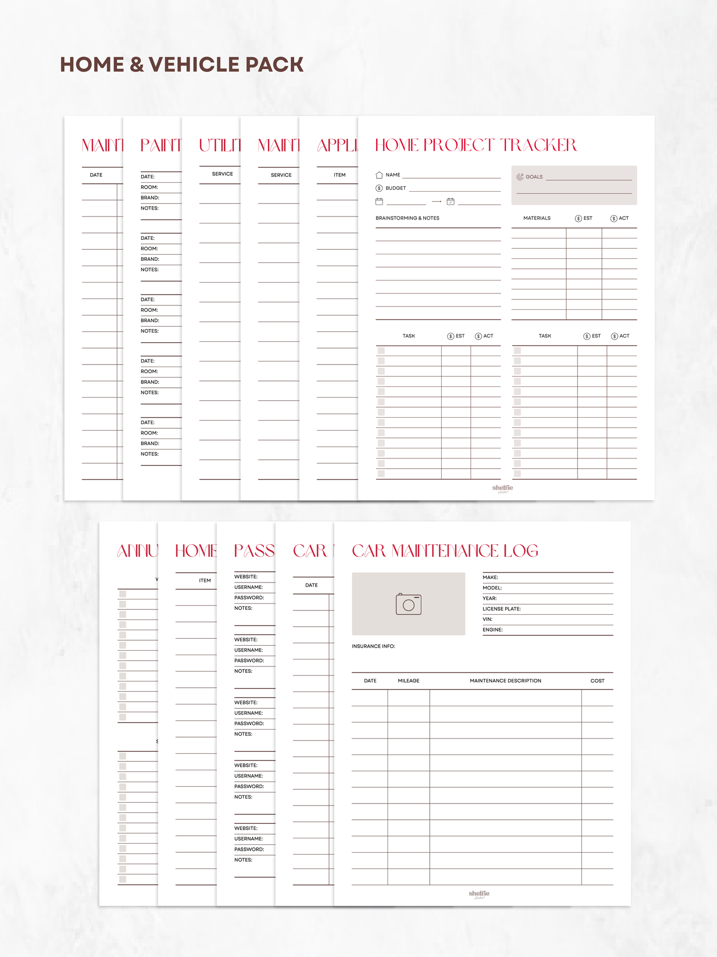 Home and vehicle pack with checklists and logs on a white background