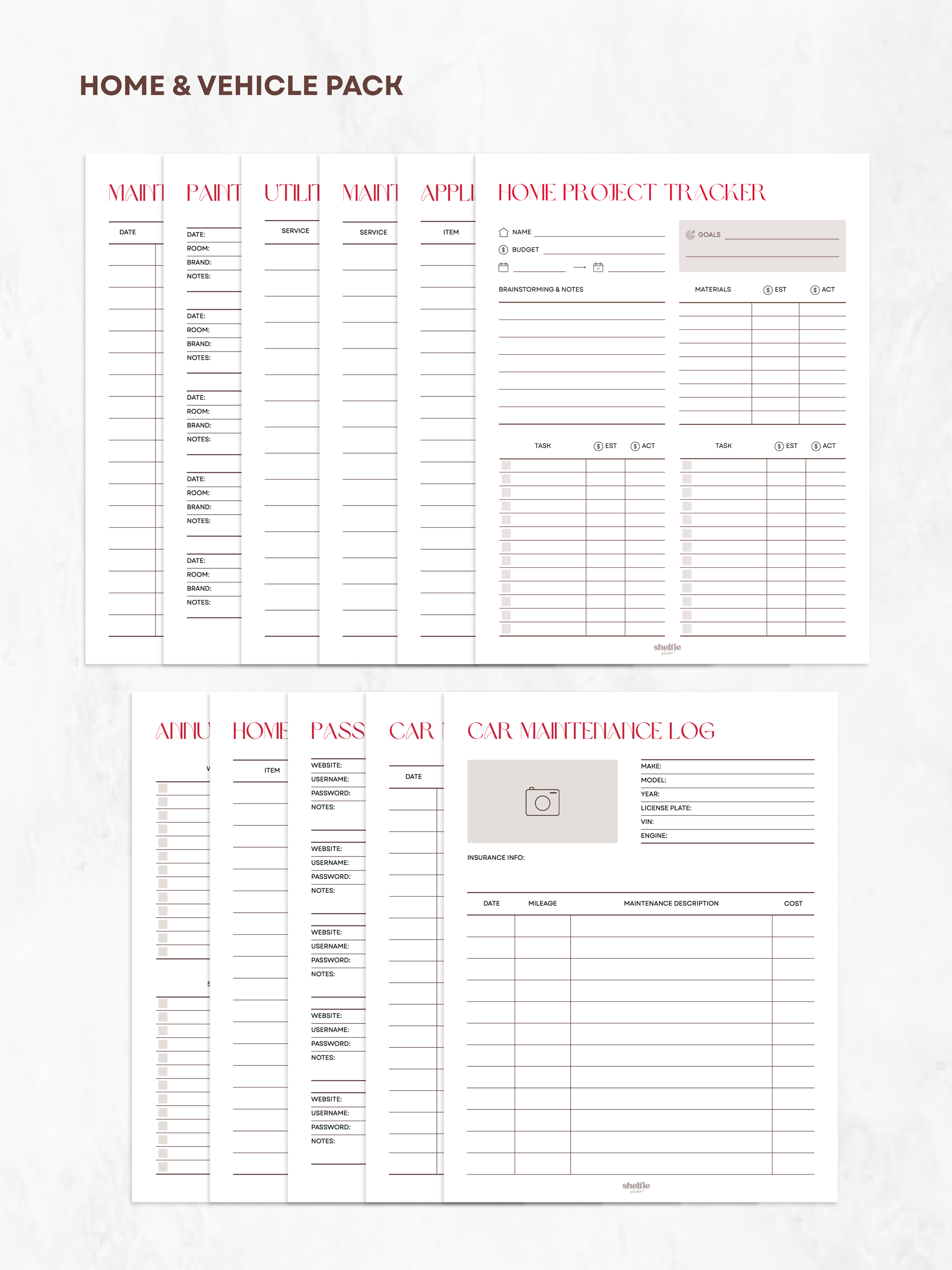 Home and vehicle pack with checklists and logs on a white background