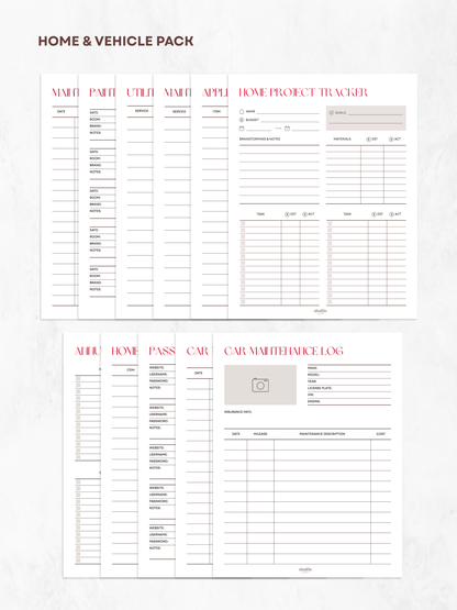 Home and vehicle pack with checklists and logs on a white background