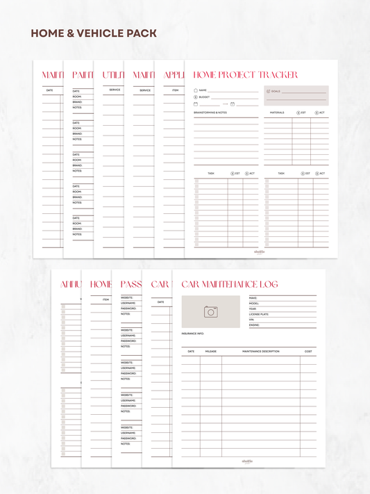 Home and vehicle pack with checklists and logs on a white background