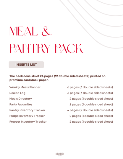 Meal and Pantry Pack insert list with product details on a white background