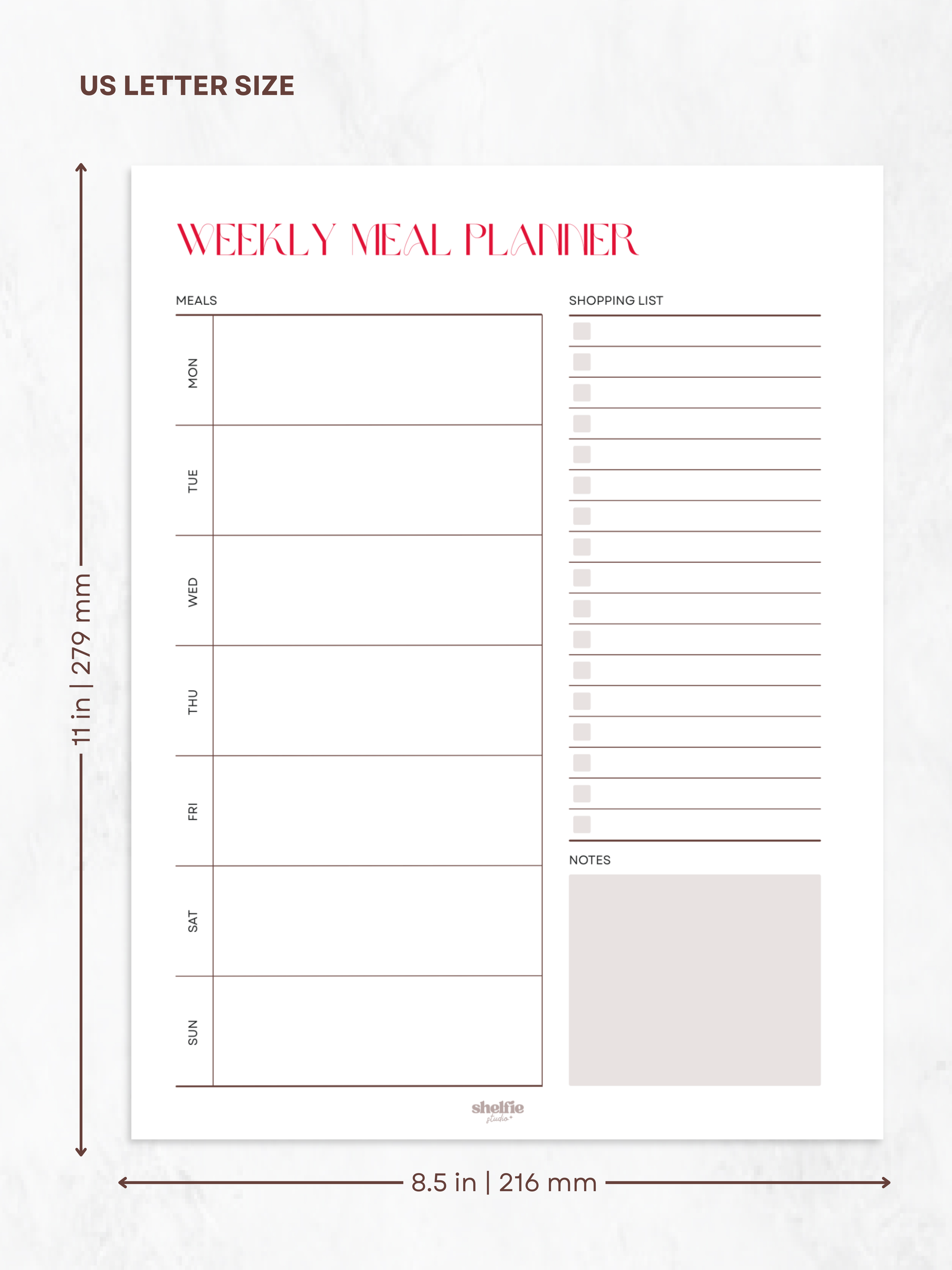 Weekly meal planner sheet with dimensions on a white background