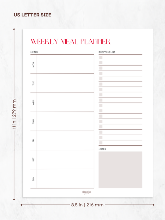 Weekly meal planner sheet with dimensions on a white background
