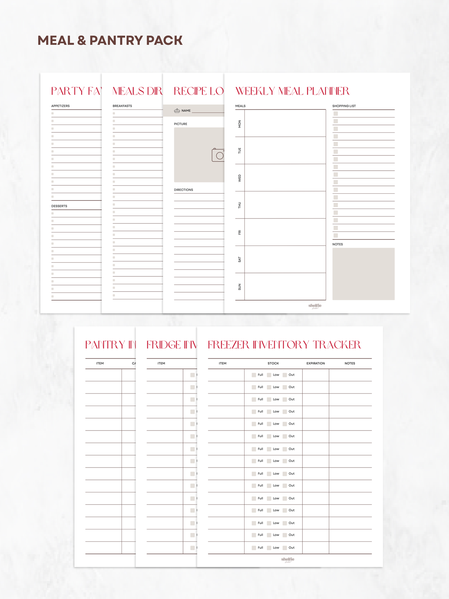 Meal and pantry pack with two sheets of checklists on a white background