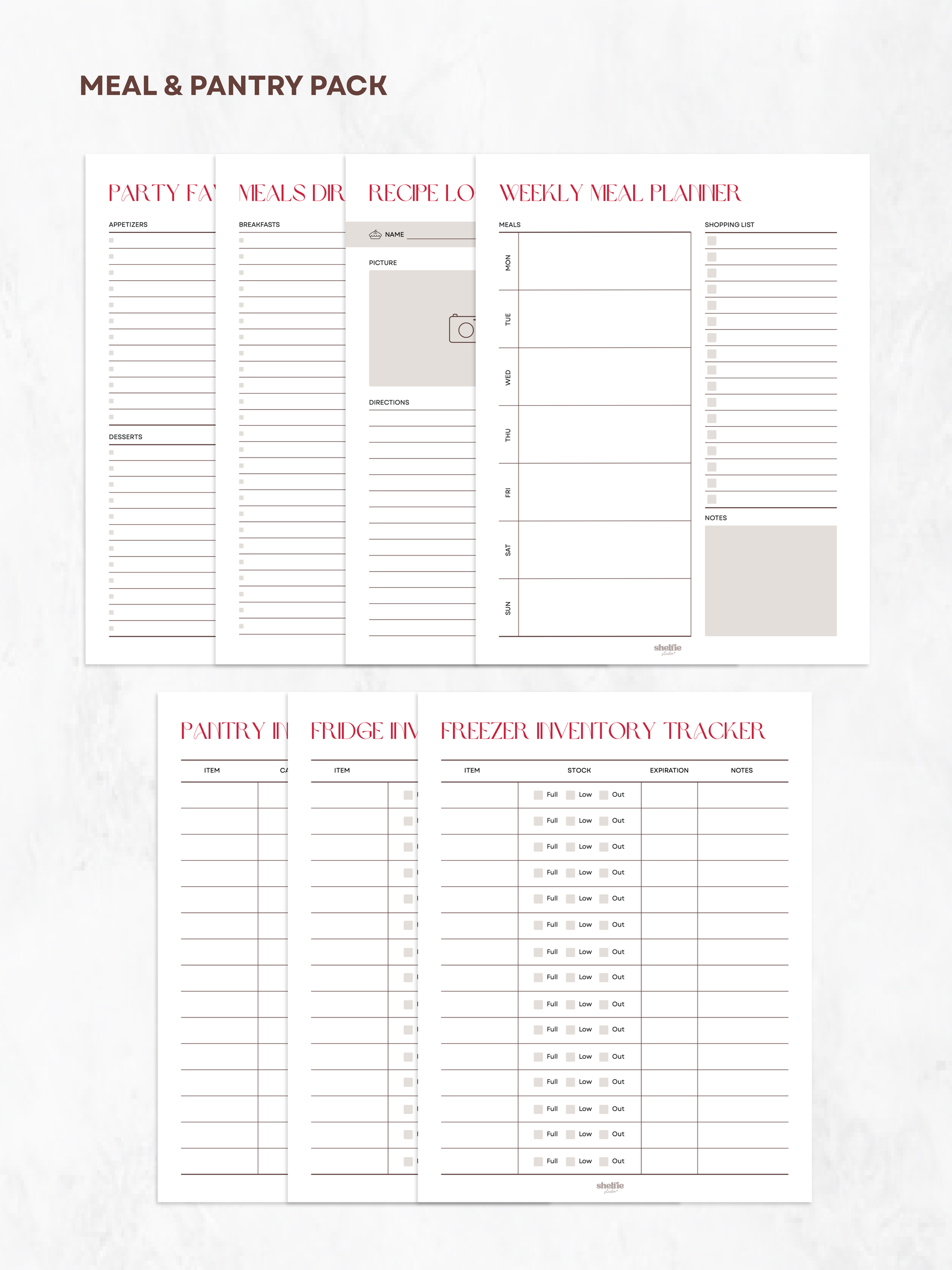 Meal and pantry pack with two sheets of checklists on a white background